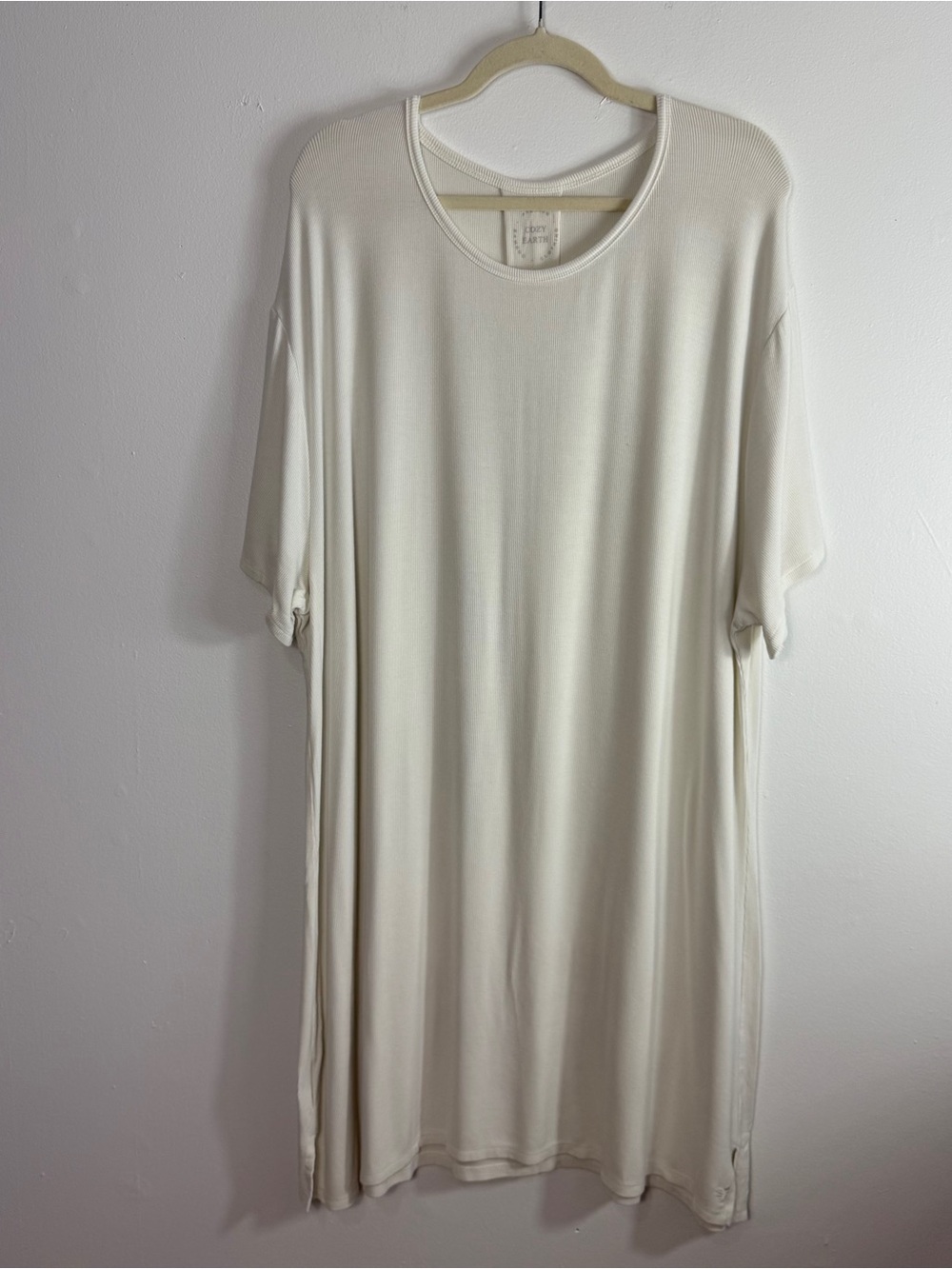 Cozy Earth Bamboo Rib-Knit Boyfriend Sleep Dress Size XL Ivory Short Sleeve